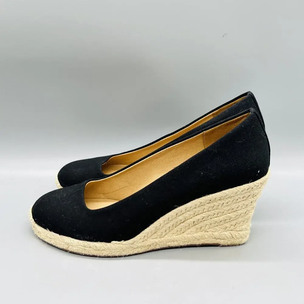 J Crew Shoes Womens 7.5 Black Cotton Espadrille Wedge Heels Round Toe Slip On